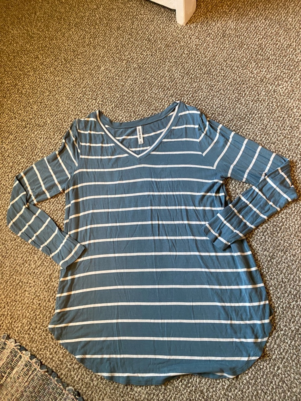 Striped V-Neck Long Sleeve Top in Teal and White